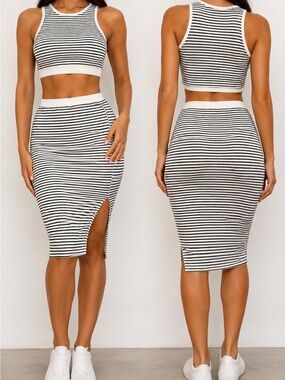 SHEIN Striped Crop Top & Pencil Midi Skirt Matching Set